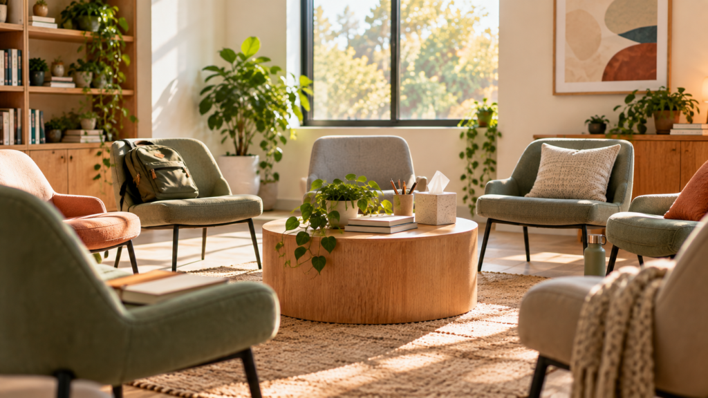 Group therapy room for teens at EQ Health in Burr Ridge, Illinois